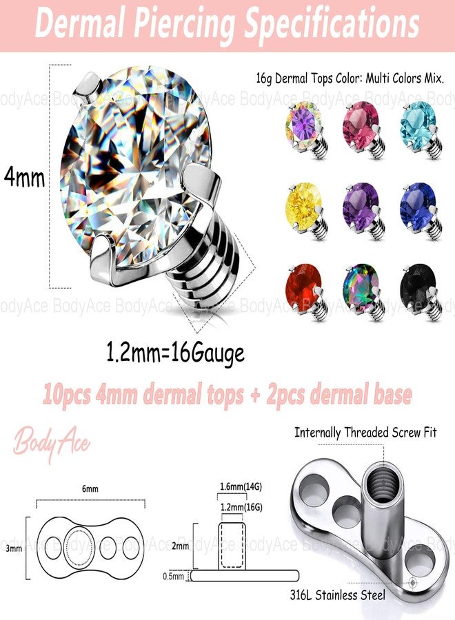 BodyAce 14G 10-12Pcs Surgical Steel Dermal Anchor Tops, Internally Threaded Dermal Piercing Jewelry Base, Cubic Zircon Implant Skin Piercing Kits (4mm Dermal Tops) - Image 2